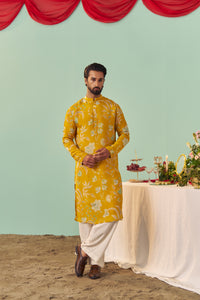 Mustard Chintz Tissue Silk Printed Men Kurta Set