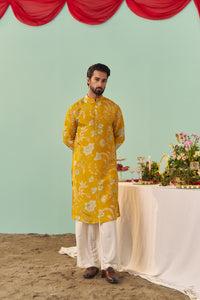 Mustard Chintz Tissue Silk Printed Men Kurta Set