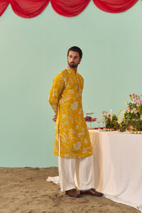Mustard Chintz Tissue Silk Printed Men Kurta Set