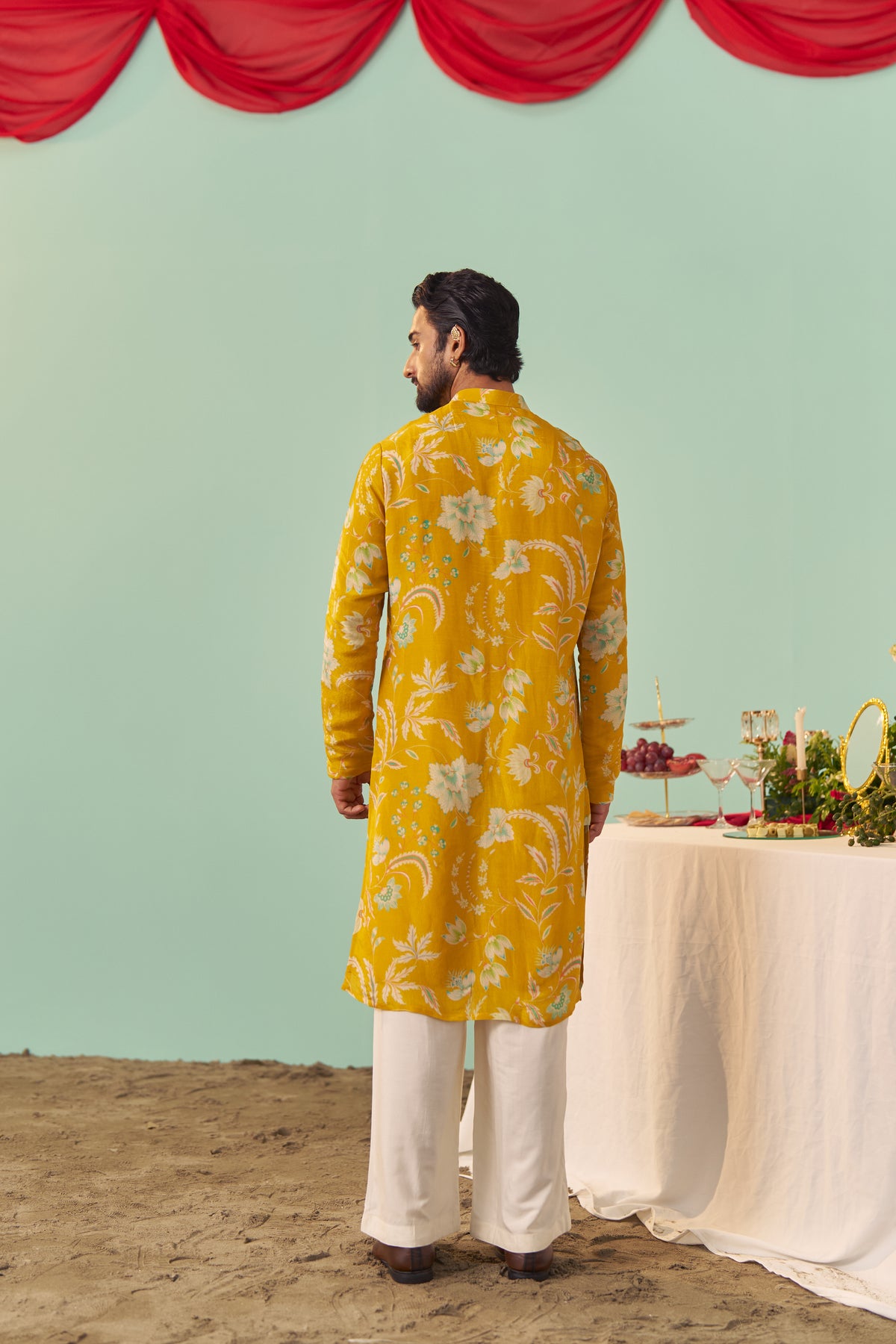 Mustard Chintz Tissue Silk Printed Men Kurta Set