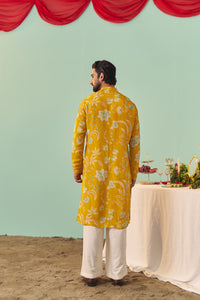 Mustard Chintz Tissue Silk Printed Men Kurta Set