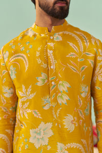 Mustard Chintz Tissue Silk Printed Men Kurta Set