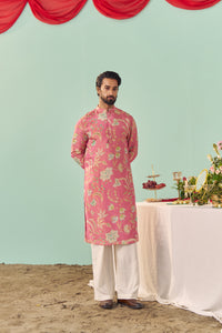 Pink Chintz Tissue Silk Printed Men Kurta Set