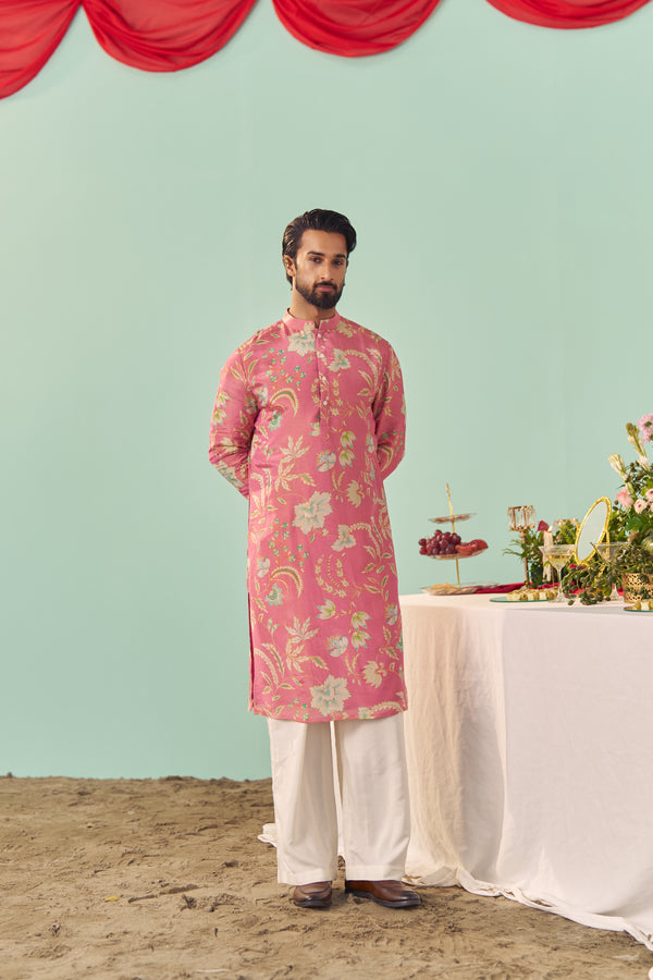 Pink Chintz Tissue Silk Printed Men Kurta Set