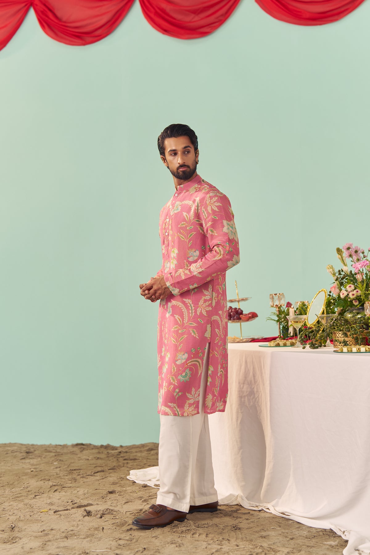 Pink Chintz Tissue Silk Printed Men Kurta Set