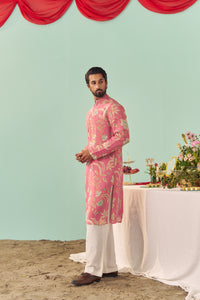 Pink Chintz Tissue Silk Printed Men Kurta Set