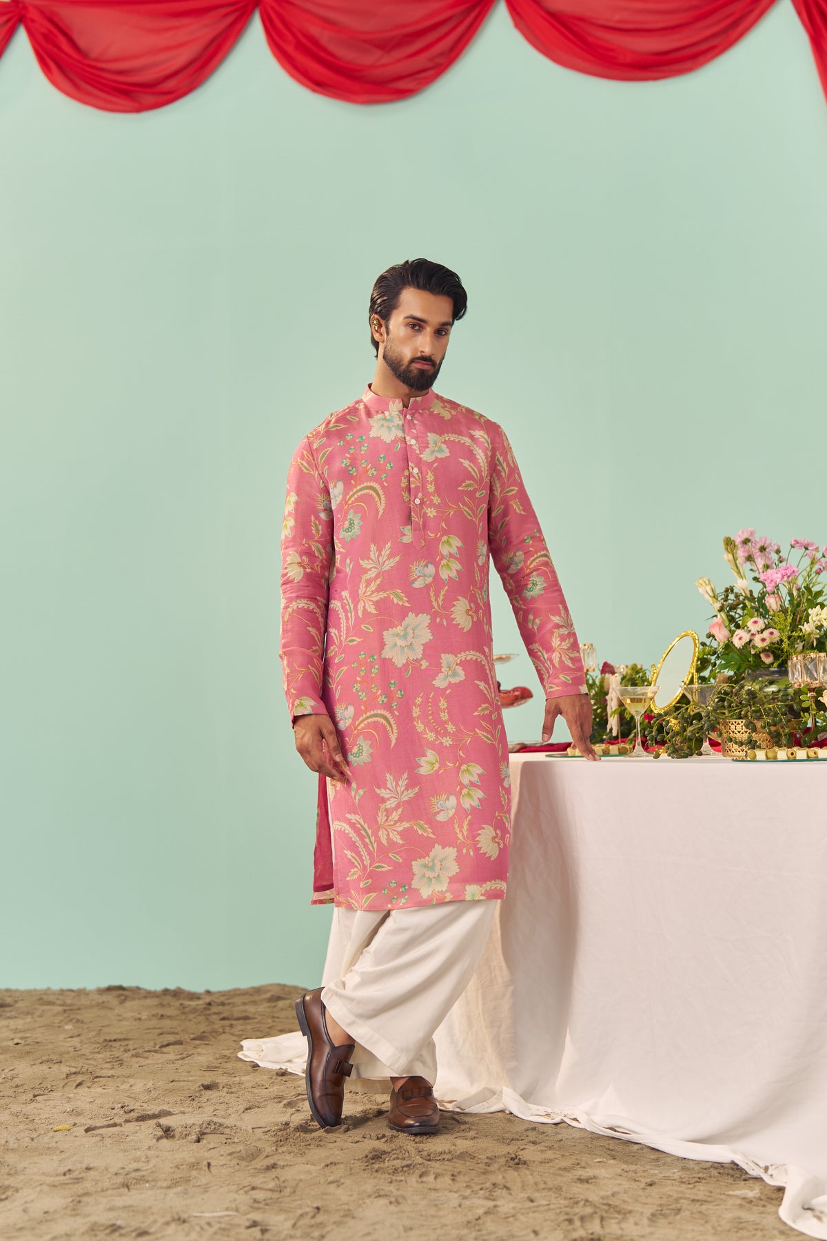 Pink Chintz Tissue Silk Printed Men Kurta Set