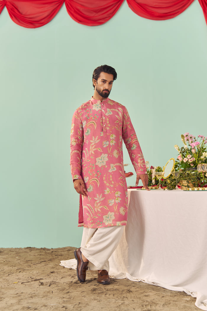 Pink Chintz Tissue Silk Printed Men Kurta Set
