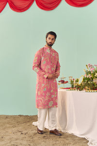 Pink Chintz Tissue Silk Printed Men Kurta Set