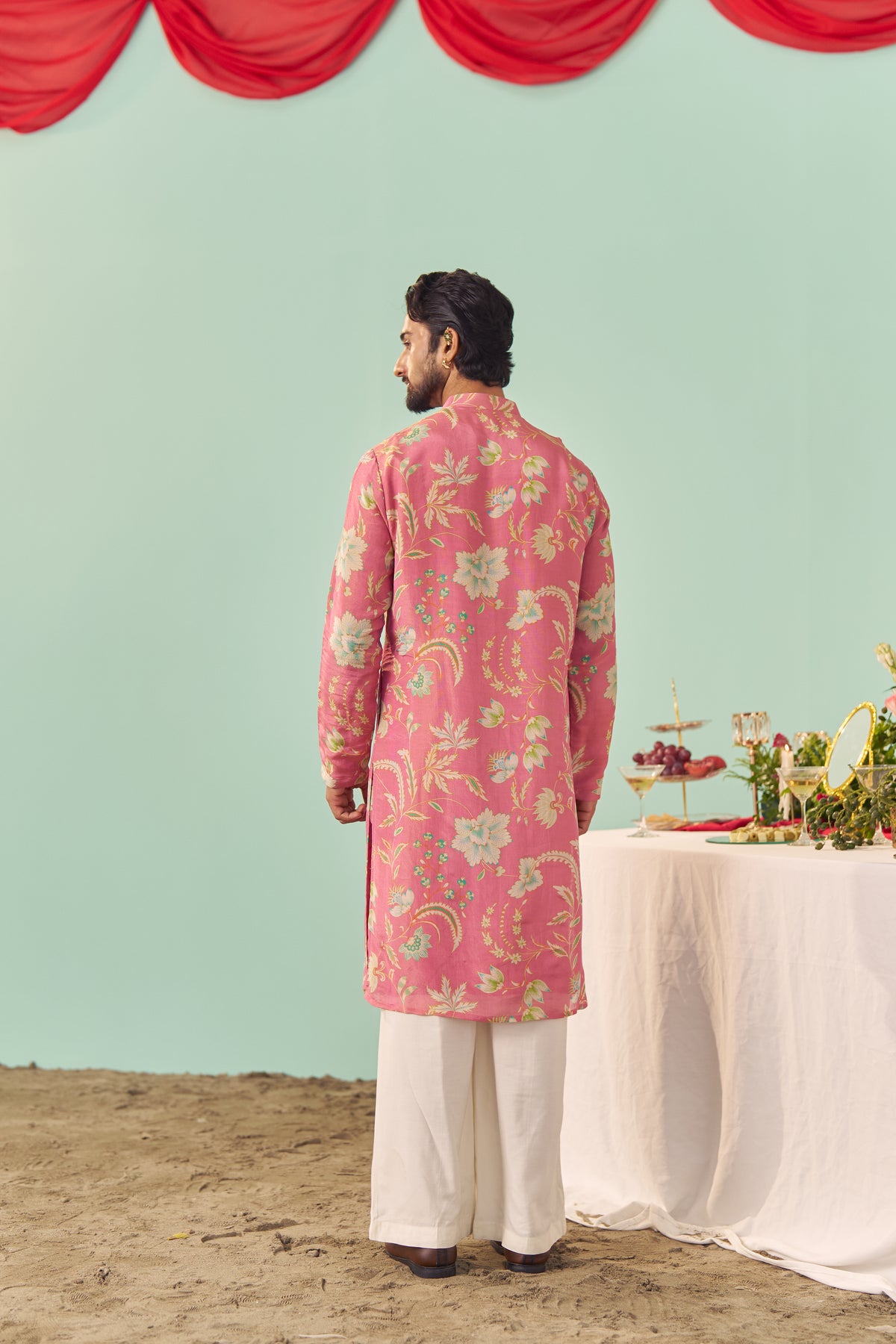 Pink Chintz Tissue Silk Printed Men Kurta Set