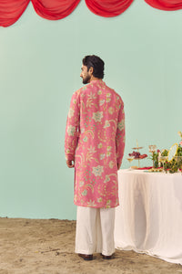 Pink Chintz Tissue Silk Printed Men Kurta Set