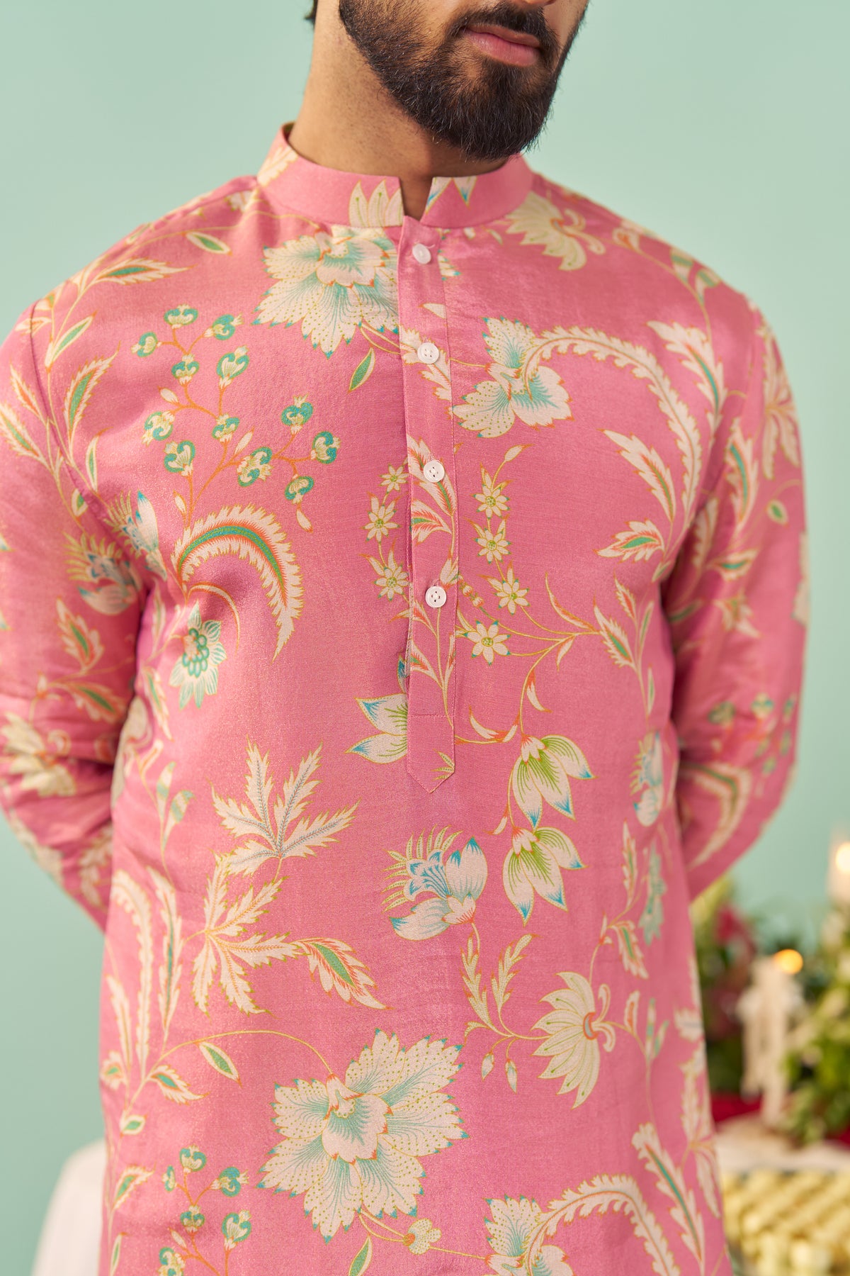 Pink Chintz Tissue Silk Printed Men Kurta Set