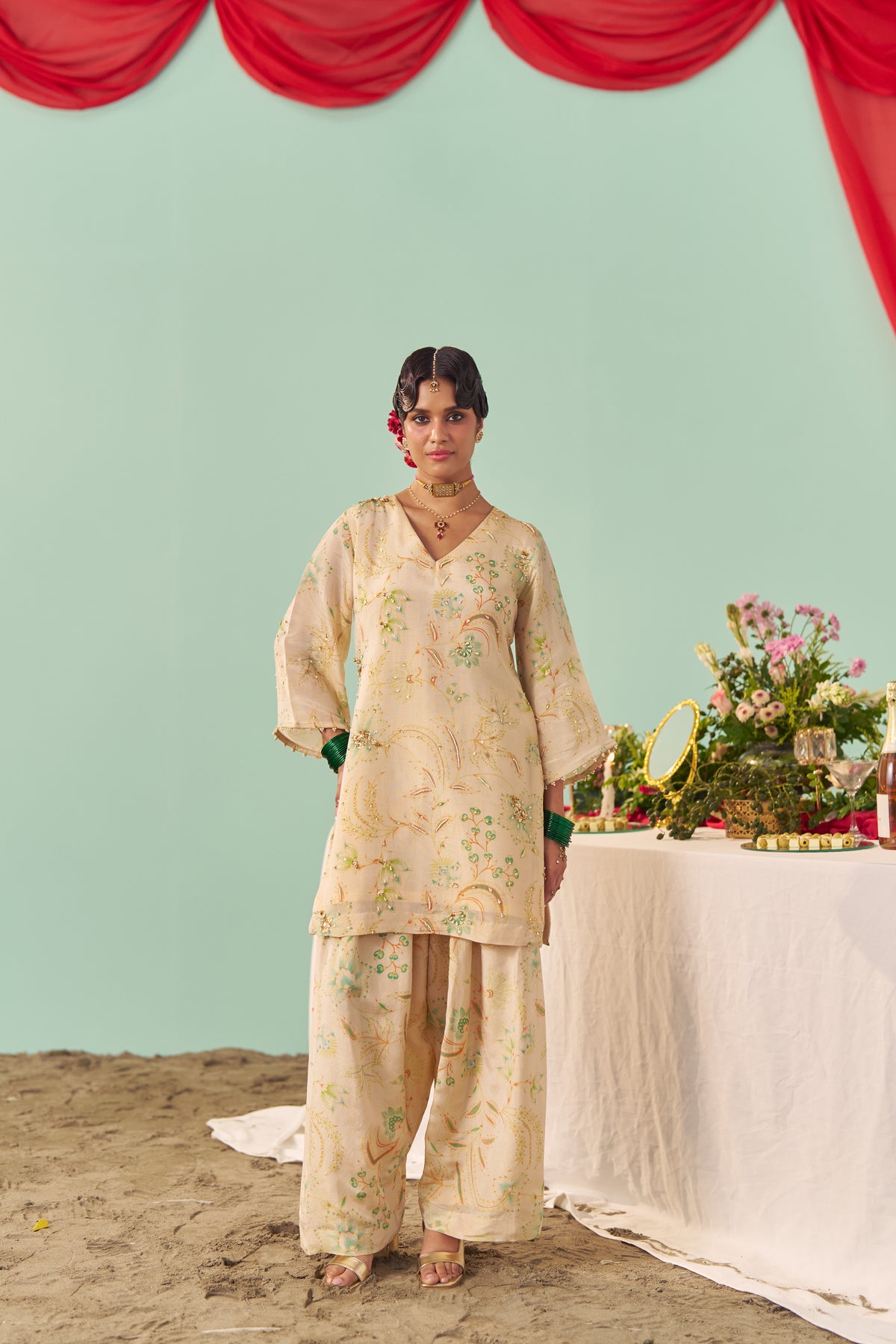Ivory Chintz Tissue Silk Short Kurta Set