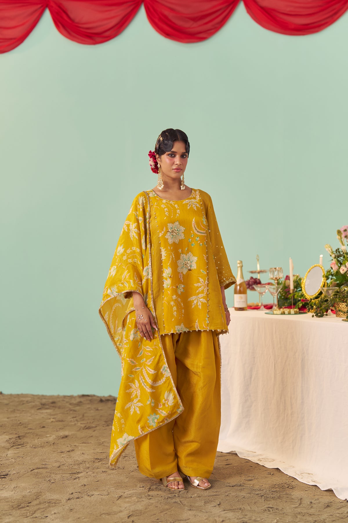 Mustard Chintz Panel Tissue Silk Short Kurta Set
