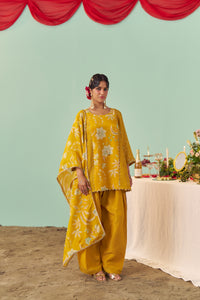 Mustard Chintz Panel Tissue Silk Short Kurta Set