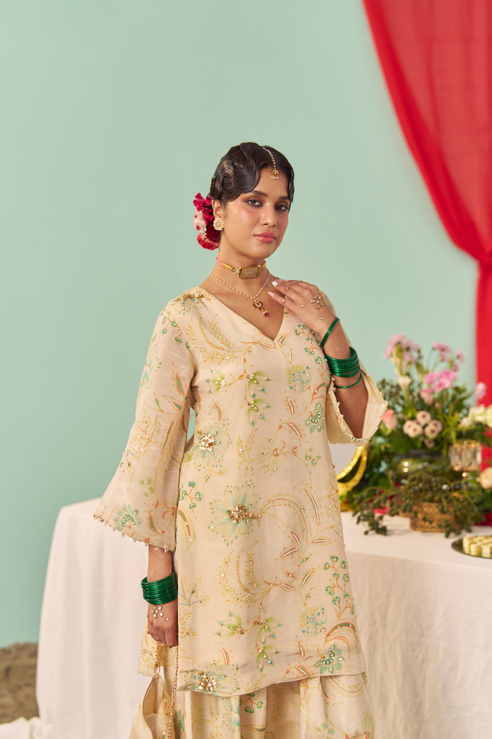 Ivory Chintz Tissue Silk Short Kurta Set