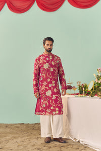 Burgundy Chintz Tissue Silk Printed Men Kurta Set