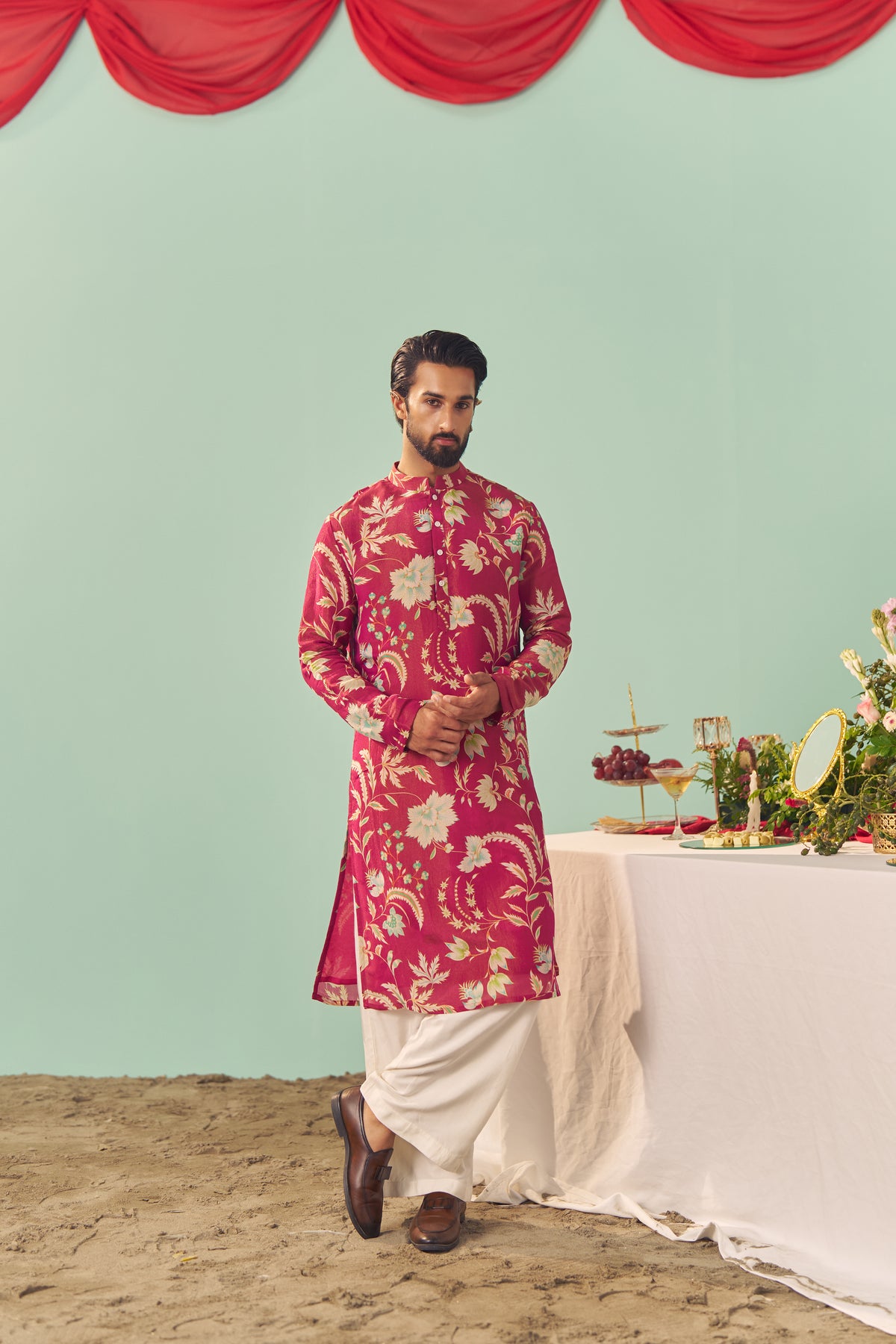 Burgundy Chintz Tissue Silk Printed Men Kurta Set