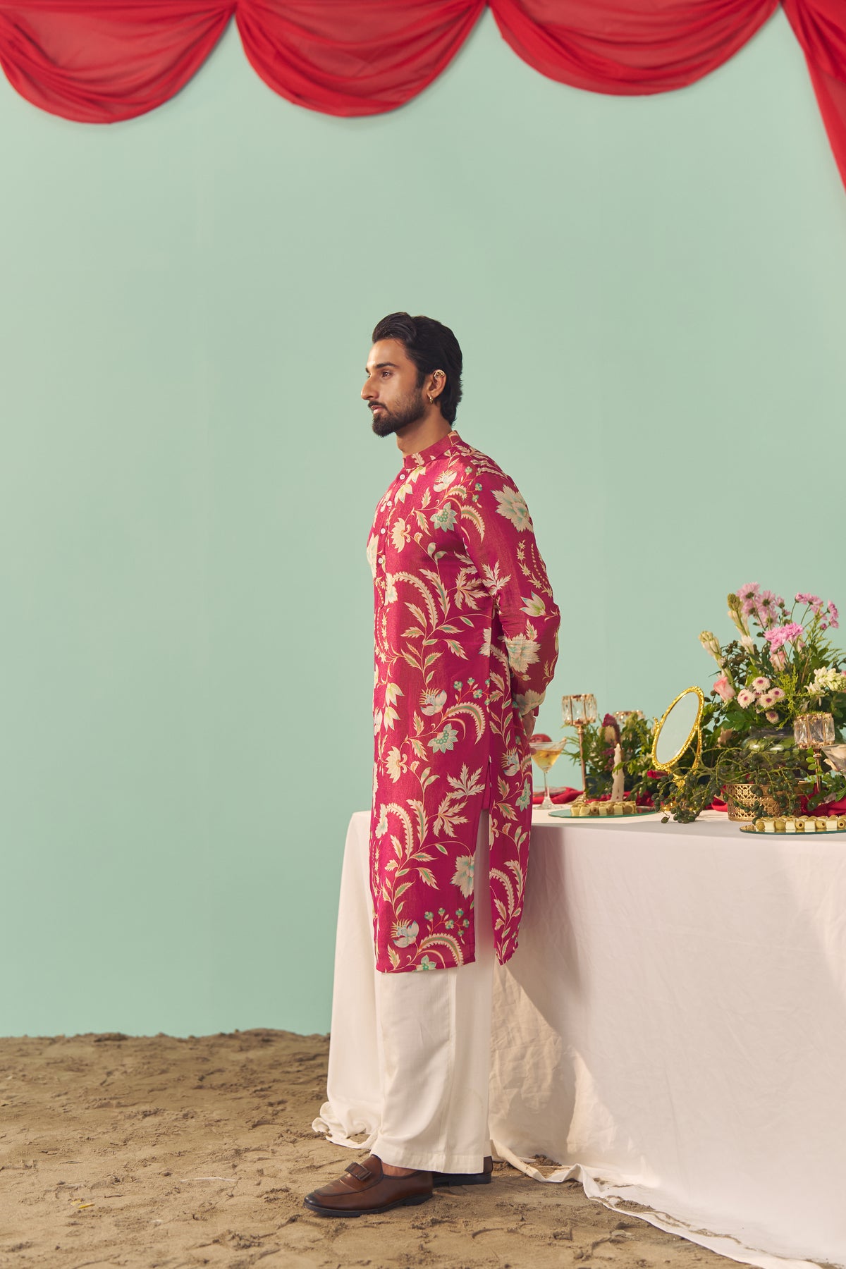 Burgundy Chintz Tissue Silk Printed Men Kurta Set