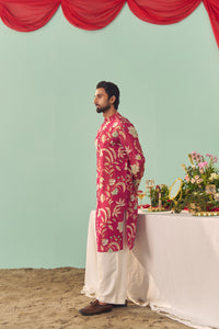 Burgundy Chintz Tissue Silk Printed Men Kurta Set