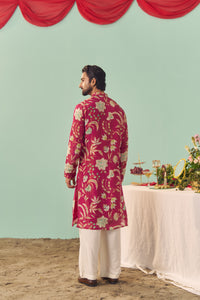 Burgundy Chintz Tissue Silk Printed Men Kurta Set