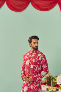 Burgundy Chintz Tissue Silk Printed Men Kurta Set