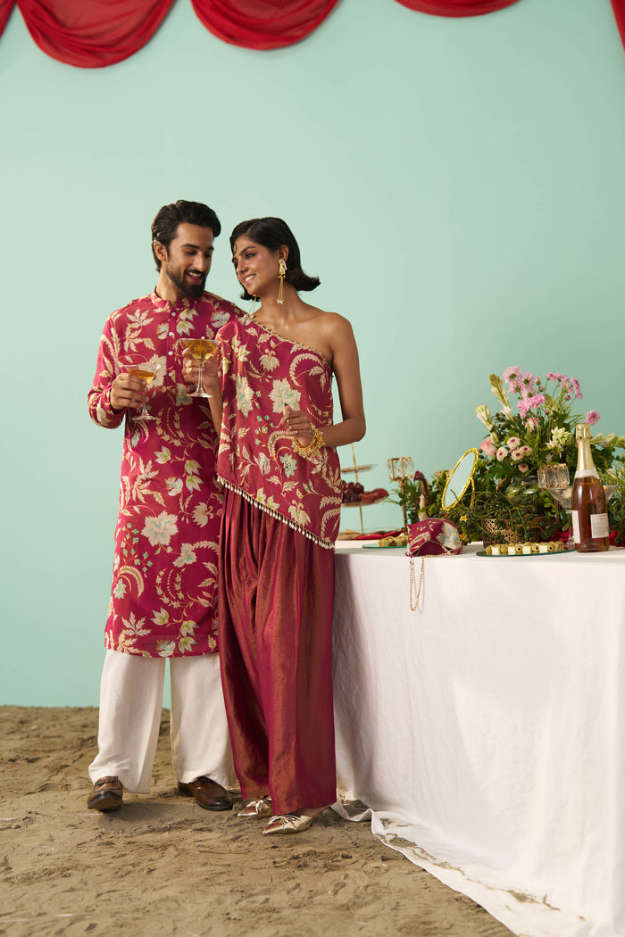 Jalsa- Burgundy Twinning Men Kurta & Off-Shoulder Set Bundle