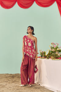 Burgundy Chintz Tissue Silk Off-Shoulder Set