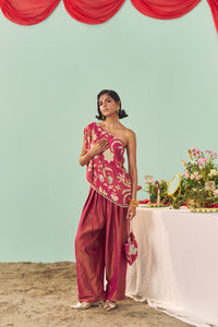 Burgundy Chintz Tissue Silk Off-Shoulder Set