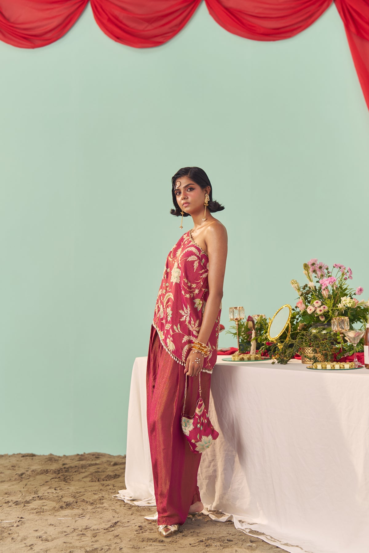 Burgundy Chintz Tissue Silk Off-Shoulder Set