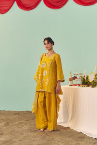 Mustard Chintz Panel Tissue Silk Short Kurta Set