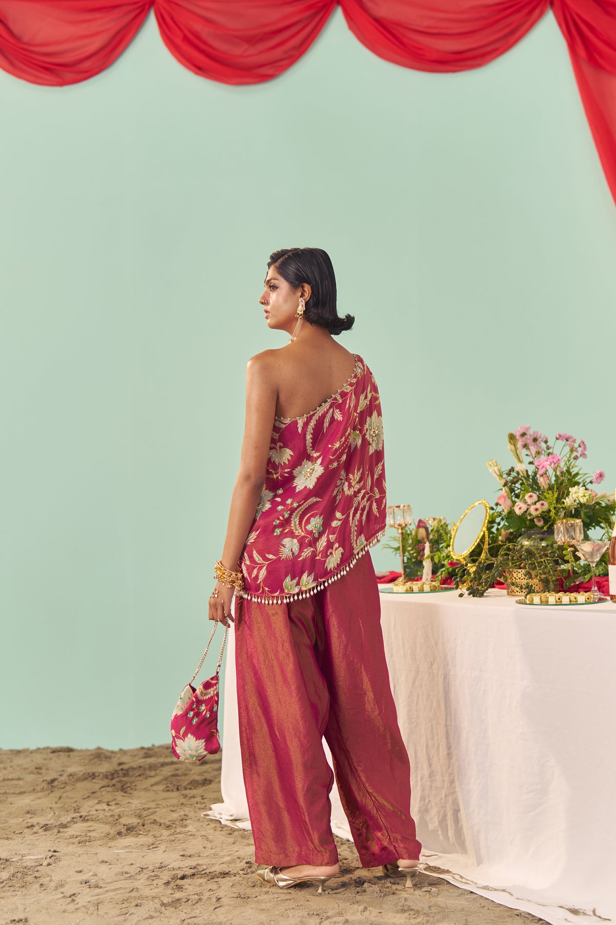 Burgundy Chintz Tissue Silk Off-Shoulder Set