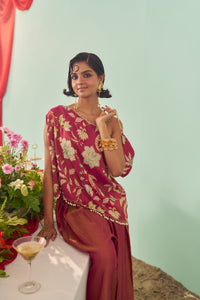 Burgundy Chintz Tissue Silk Off-Shoulder Set