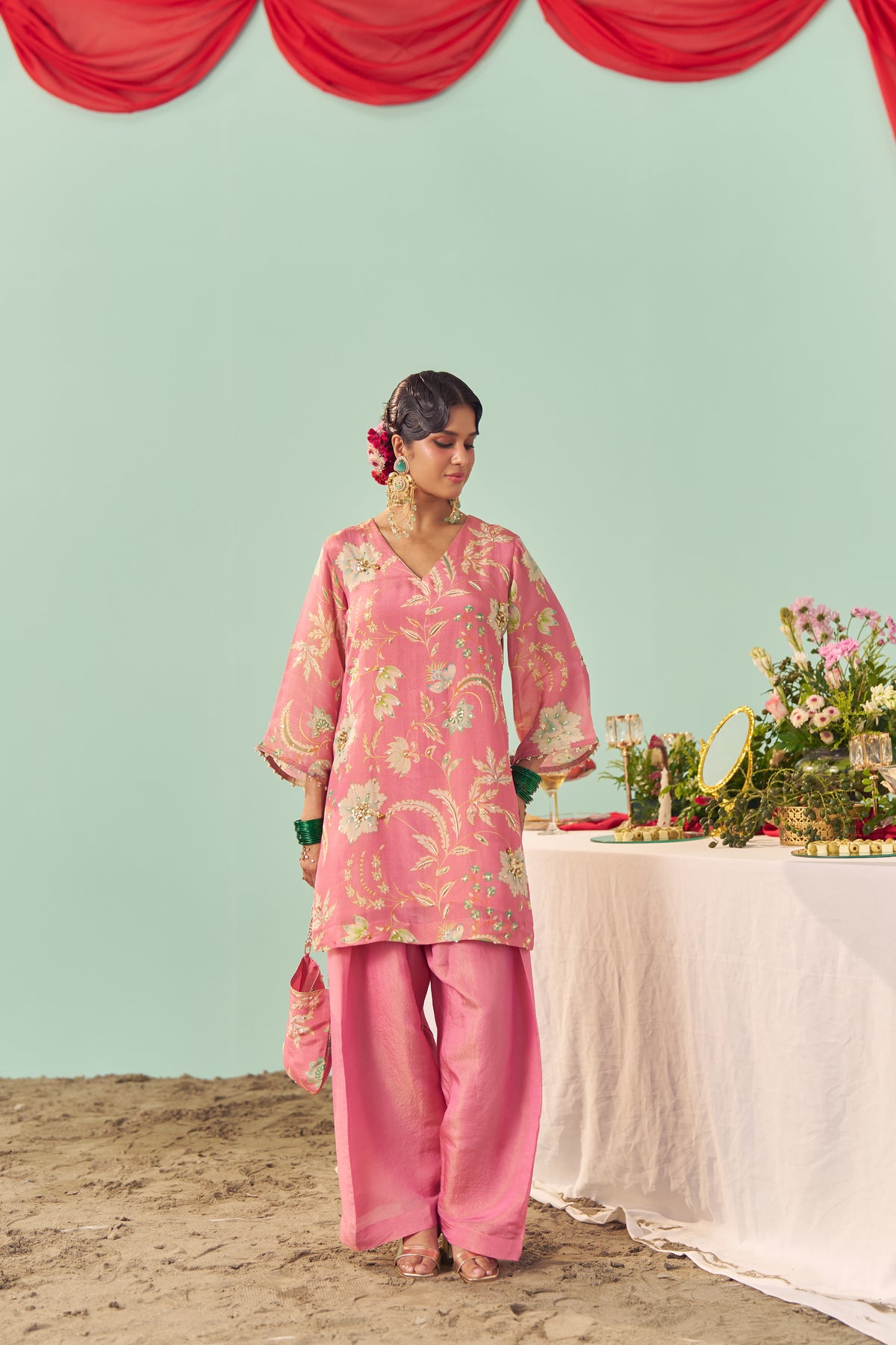 Blush Pink Chintz Tissue Silk Short Kurta Set