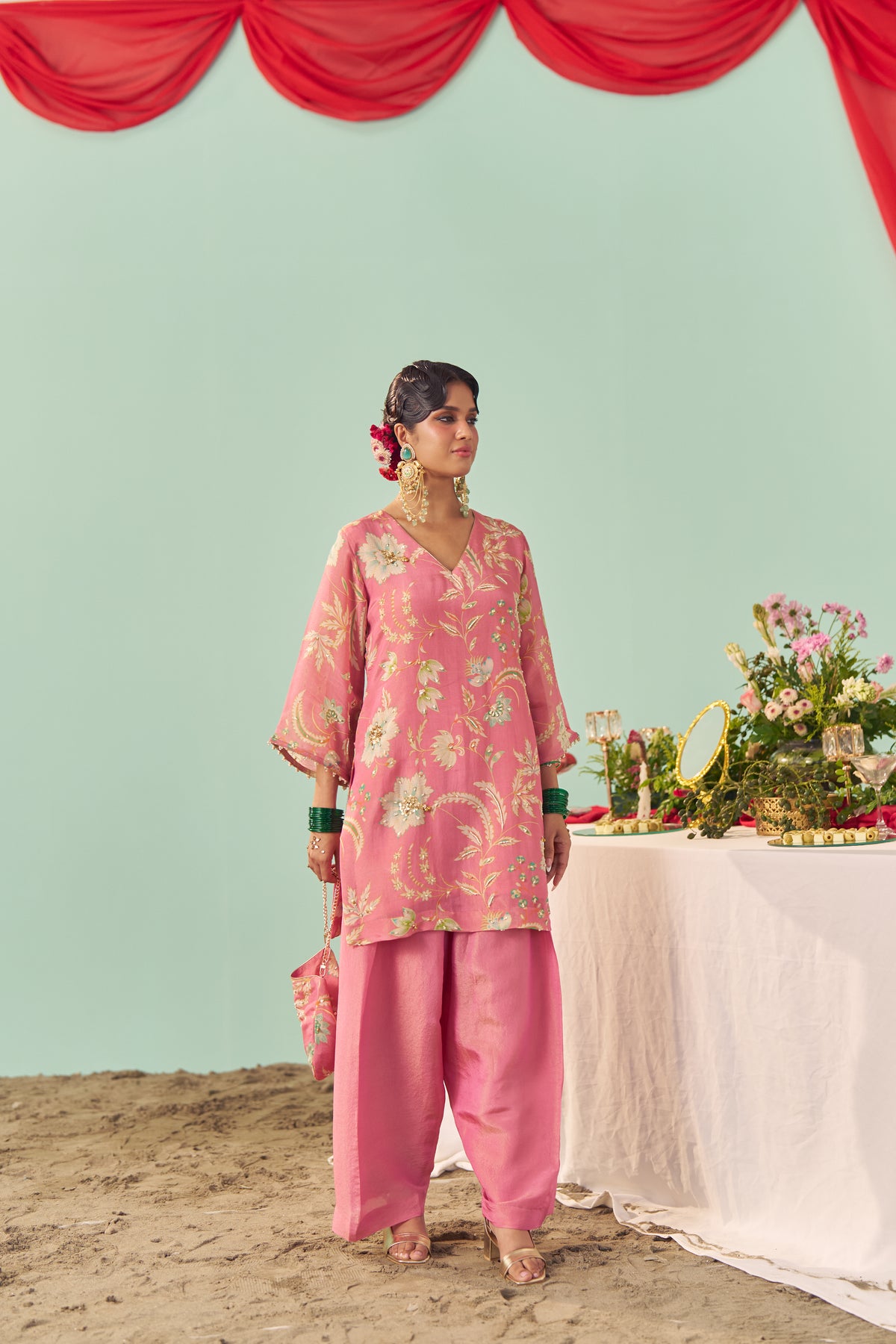Blush Pink Chintz Tissue Silk Short Kurta Set