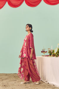 Burgundy Chintz Panel Tissue Silk Short Kurta Set