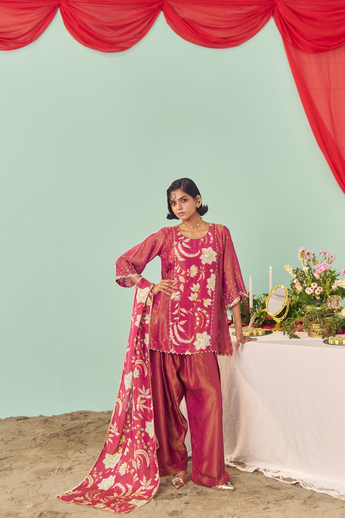 Burgundy Chintz Panel Tissue Silk Short Kurta Set