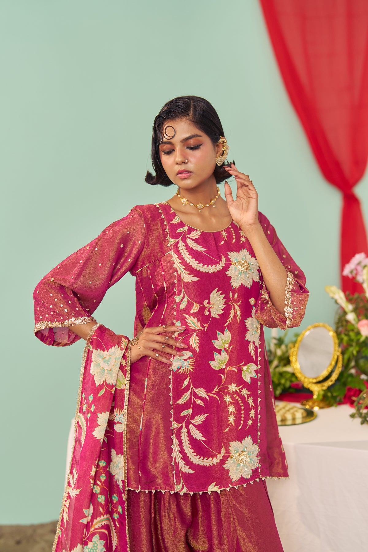 Burgundy Chintz Panel Tissue Silk Short Kurta Set