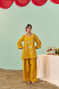 Mustard Chintz Panel Tissue Silk Short Kurta Set