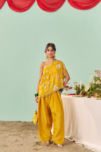 Mustard Chintz Tissue Silk Off-Shoulder Set