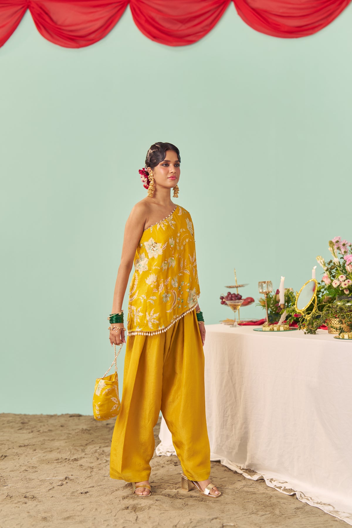 Mustard Chintz Tissue Silk Off-Shoulder Set