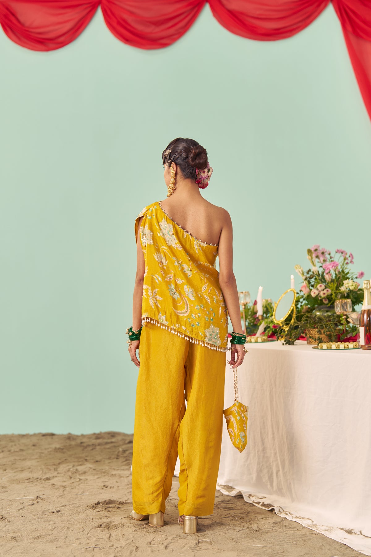 Mustard Chintz Tissue Silk Off-Shoulder Set