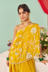 Mustard Chintz Tissue Silk Off-Shoulder Set