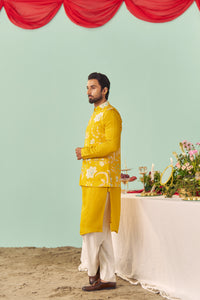 Mustard Chintz Tissue Silk Printed Nehru Jacket Set