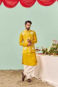 Mustard Chintz Tissue Silk Printed Nehru Jacket Set