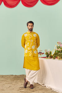 Mustard Chintz Tissue Silk Printed Nehru Jacket Set