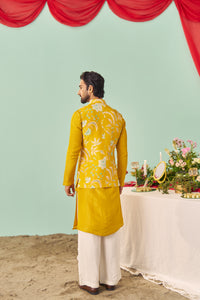 Mustard Chintz Tissue Silk Printed Nehru Jacket Set