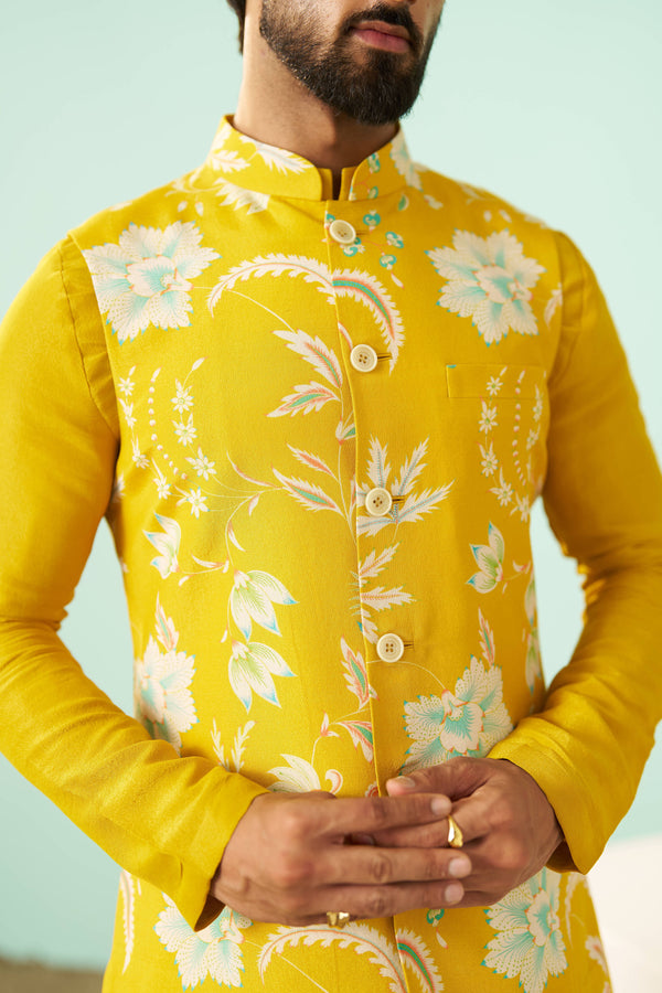 Mustard Chintz Tissue Silk Printed Nehru Jacket Set