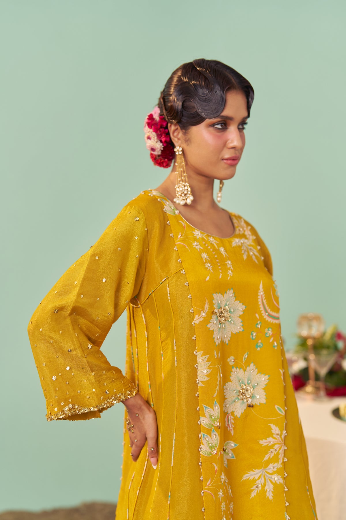Mustard Chintz Panel Tissue Silk Short Kurta Set