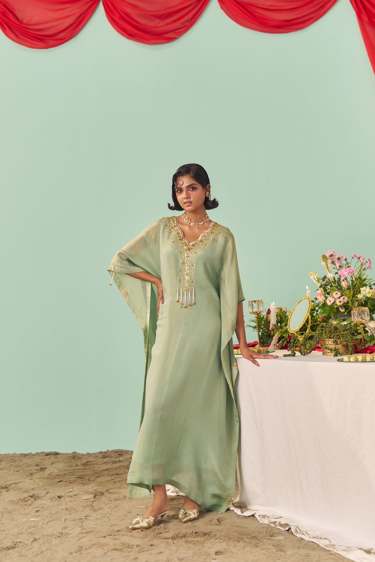 Mint Scalloped Tissue Silk Kaftan